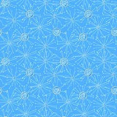 Illustrated abstract seamless pattern with snowflakes on a blue background