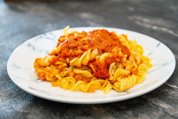 tasty pasta Italian meat sauce pasta on the table