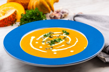 Thanksgiving Special Pumpkin Soup. Festive Menu.