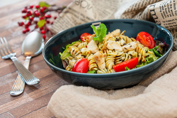 pasta and chicken on the table