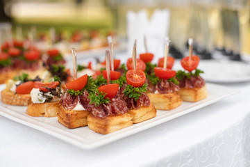 Close-up big plate with serving snack canapes fried bread tomato parsley and salami. Appetizing fresh unhealthy sandwich food decorated on table of luxury restaurant