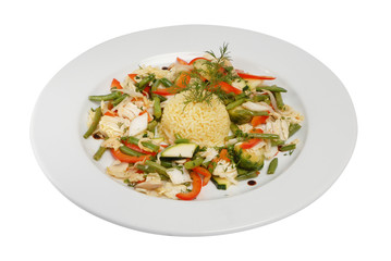 Fried ricewith fried asparagus and sweet pepper on a white isolated background