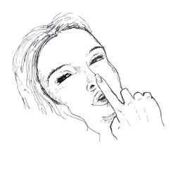 Girl asks to be quiet. Ink drawing.