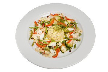 Fried ricewith fried asparagus and sweet pepper on a white isolated background