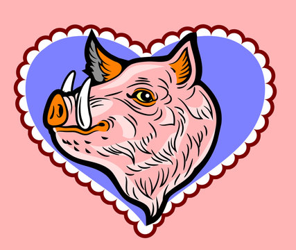 Cute, good-natured pink wild boar in a frame in the shape of a heart