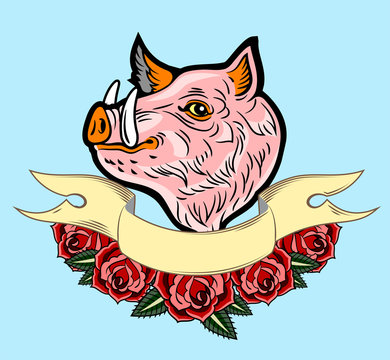 Cute, good-natured pink hog style old school tattoo, with red roses and a banner