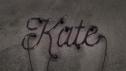 Neon sign spelling the girls name of Kate, on a concrete grunge background with the sign's power...