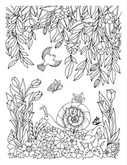 Illustration. Wildlife with bird and the cochlea. Coloring book. Antistress for adults and children. The work was done in manual mode. Black and white.