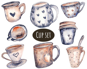Watercolor set illustration of brown-gray cups for drinks in a cute cozy Scandinavian style....