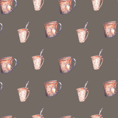Watercolor pattern illustration of brown-gray cups for drinks in a cute cozy Scandinavian style. Painted by hand isolated on a coffe-brown background.