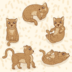 cute spotted leopard kittens, cartoon animals, wild cat kitten, texture background, editable vector illustration