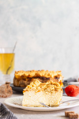 Cheesecake or casserole with cottage cheese, orange jam and crumble. Healthy dessert.