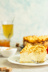 Cheesecake or casserole with cottage cheese, orange jam and crumble. Healthy dessert.
