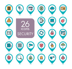 Security outline web pin map icon set