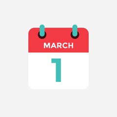Flat icon calendar 1 of March. Date, day and month. Vector illustration.