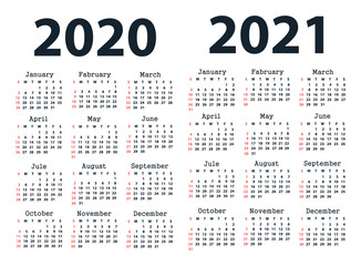 Calendar 2020 and Calendar 2021 starting from Sunday. Vector illustration