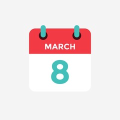 Flat icon calendar 8 of March. Date, day and month. Vector illustration.