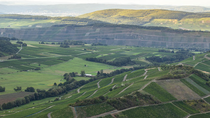 aerial view of green fields and hills