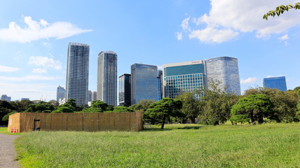 TOKYO, JAPAN. 2019 Sep 26th. View of Hamarikyu Japanese Garden and High-Rise Buildings.