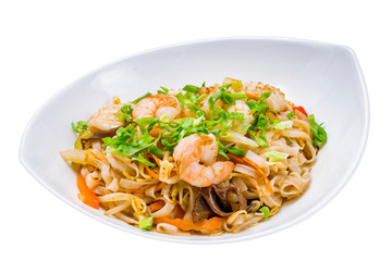 Vietnamese noodles with shrimp on white background isolated