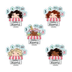 Set Girls Online Shopping And Unicorn Brunette Blonde African American Red Hair Isolated On A White Background Hand Drawn Illustration