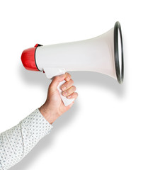 close-up of hand holding megaphone or bullhorn with shadow isolated on white
