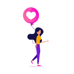 Likes in social networks. Creative poster concept with a young girl with a love balloon in her hands.