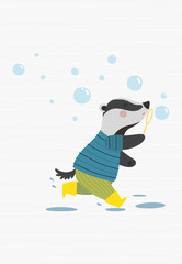 Badger with soap bubbles, funny poster. Vector illustration in a scandinavian style.