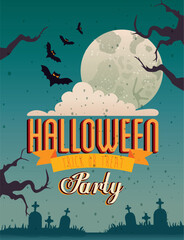 Halloween party card over cemetery background