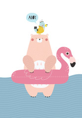 Bear swims in an inflatable circle with a bird on his head. Vector illustration in a scandinavian style. Funny poster.