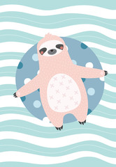 Relaxed sloth on a inflatable circle. Vector illustration in a scandinavian style with abstract background. Funny poster.