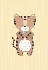 Shy tiger with a bow tie on a simple background. Vector illustration in a scandinavian style. Funny poster.
