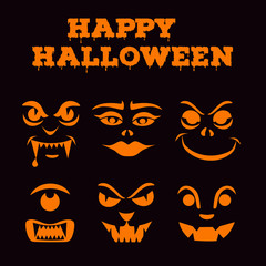 Halloween pumpkins carved faces silhouettes. Funny monsters icons. Template for cut out jack o lantern. Stencil set.