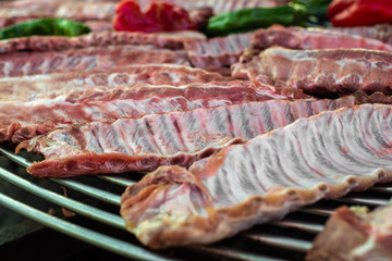 Raw pork ribs ready to make on the barbecue.