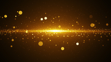 Abstract golden background for greeting card with starburst. Gold texture with particles coming from center.