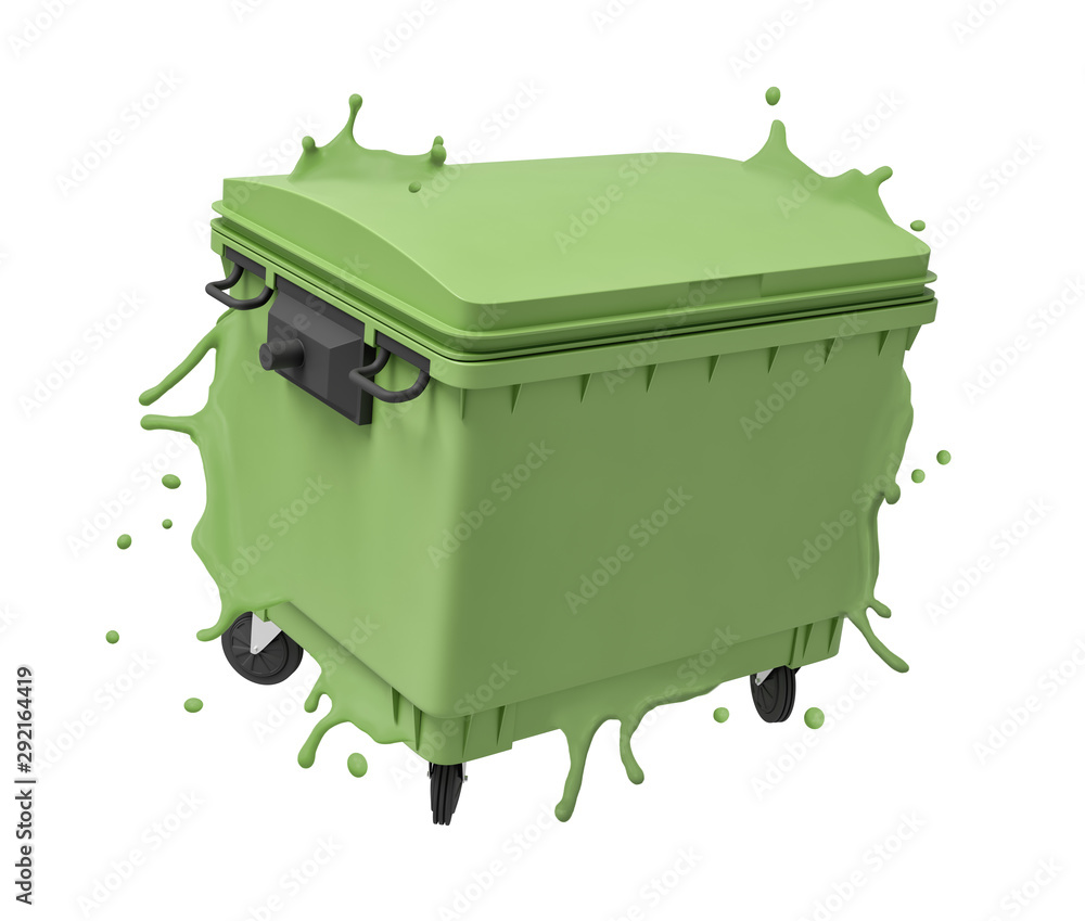 Aufkleber 3d rendering of closed green trash can with melting edges isolated on white background.