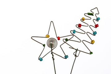 An iconic but simple Christmas tree and  star created out of wire and beads.