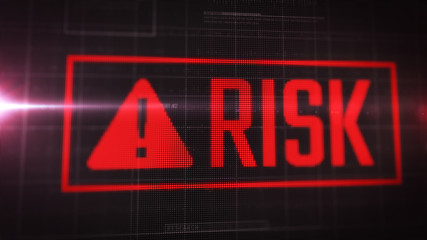 Red screen pop up with risk label and triangular sign. HUD. Futuristic interface.