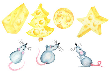Watercolor drawing piece of triangular-shaped cheese yellow in color is mouse favorite food. Cheese Christmas tree set. Illustration on white background