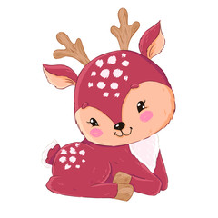Cute cartoon baby deer. Vector hand drawn illustration