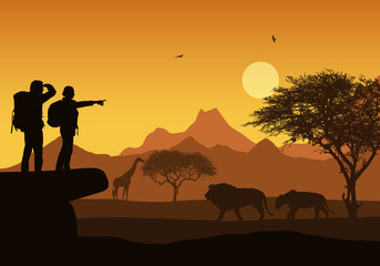 Realistic illustration of african safari with mountain landscape and trees, lion and giraffe and flying bird. Two hikers with backpacks, man and woman under orange sky with rising sun, vector © Forgem