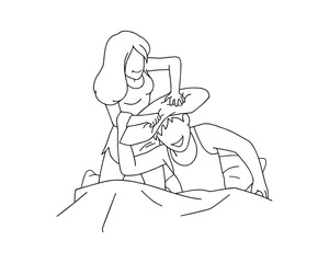 loving young couple be jolly on bed. vector illustration isolated cartoon hand drawn line art