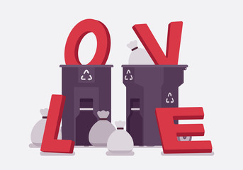 Love letters put in a trash bin. Metaphor of relationships rejected as worthless, refused and broken feeling, intense dislike, hate to former lover or partner. Vector flat style cartoon illustration