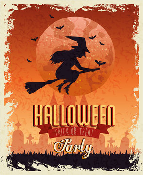 Halloween party card with witch over moon