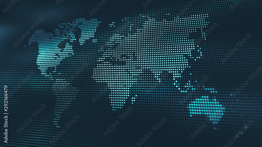 Poster abstract blue background with digital waves of particles and world map. globe texture.