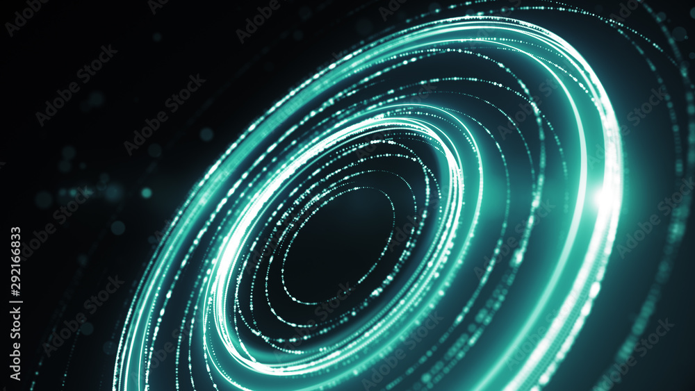 Poster abstract background made from rotating rings and bright particles. futuristic template for a title s