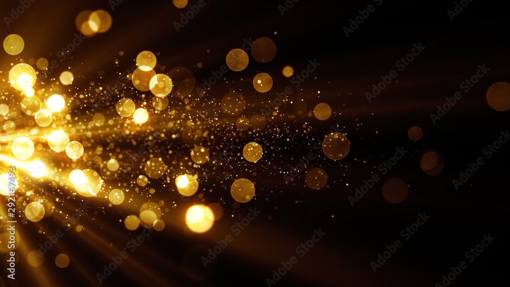 Wall mural glitter celebration texture. golden stream with particles. abstract background with magic lights and