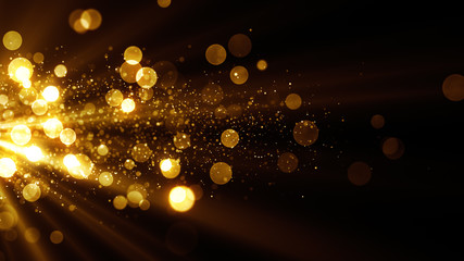 Glitter celebration texture. Golden stream with particles. Abstract background with magic lights and sparks. 