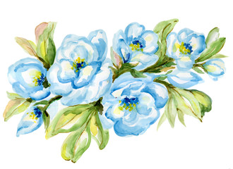 Naklejka na ściany i meble Light blue bouquet Flowers and leaves watercolor illustration hand paint Isolated on White Background for wedding