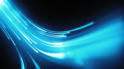 Blue neon stream. High tech abstract curve tunnel background. Striped creative texture. Information transfer in a cyberspace. Rays of light in motion. 